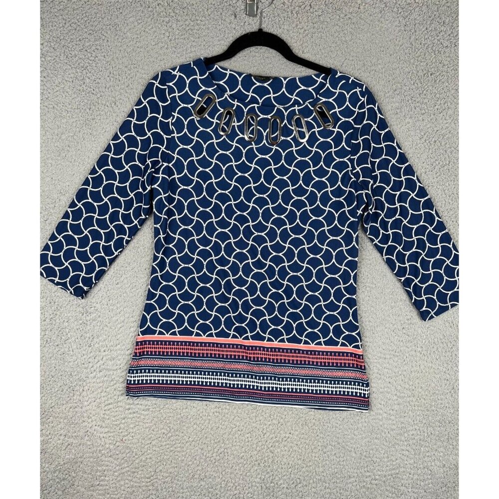 La Vanya Womens Blouse Metal Cut Out Collar 3/4 Sleeves Blue/White Petite PM